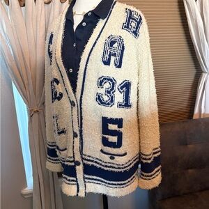Cream and Navy Boucle Varsity Cardigan Sweater